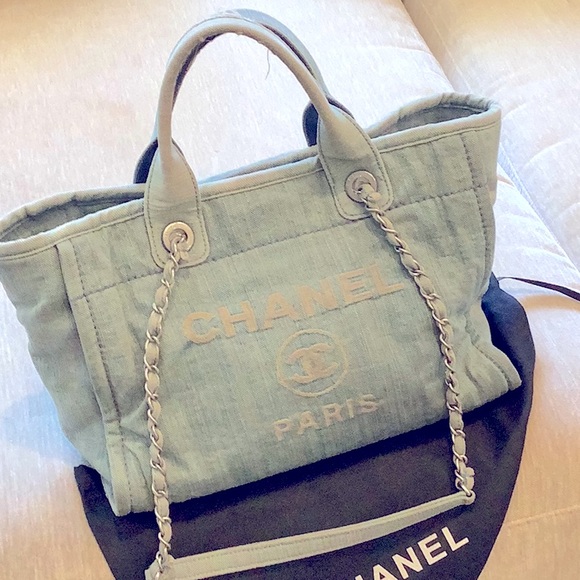 DENIM Vintage Blue Distressed Chanel Canvas Tote with silver Chain Straps - Picture 1 of 6